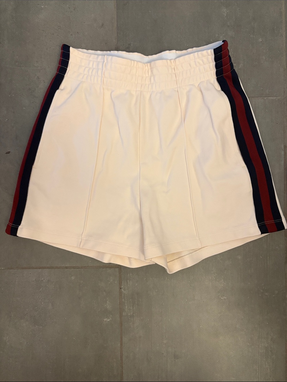 The Upside White Athletic Shorts with Navy and Red Side Stripes